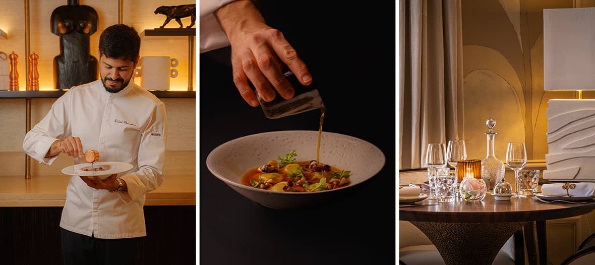 Chef Khalid Mansour dressant une assiette gastronomique au restaurant Le Bayad&egrave;re &agrave; Paris.
