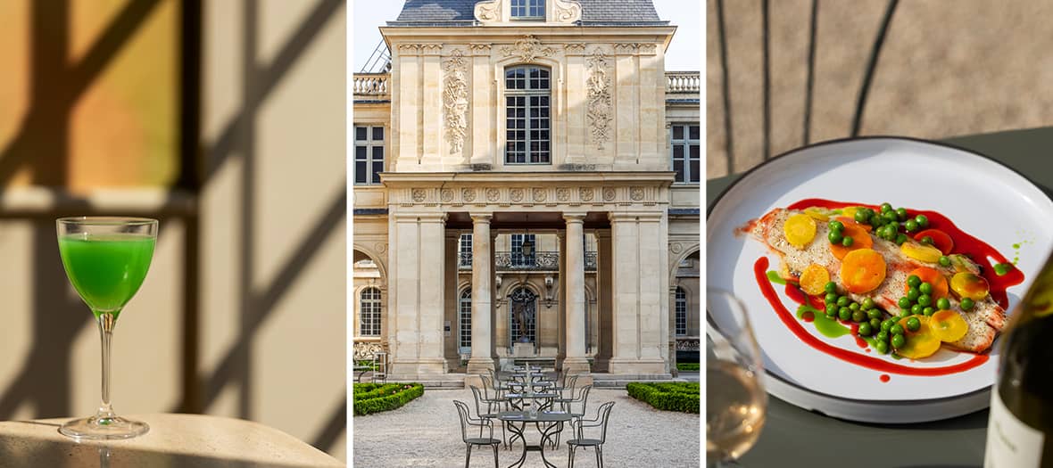 Salades, cocktails et plats raffin&eacute;s servis au restaurant J&ograve;li au mus&eacute;e Carnavalet &agrave; Paris.