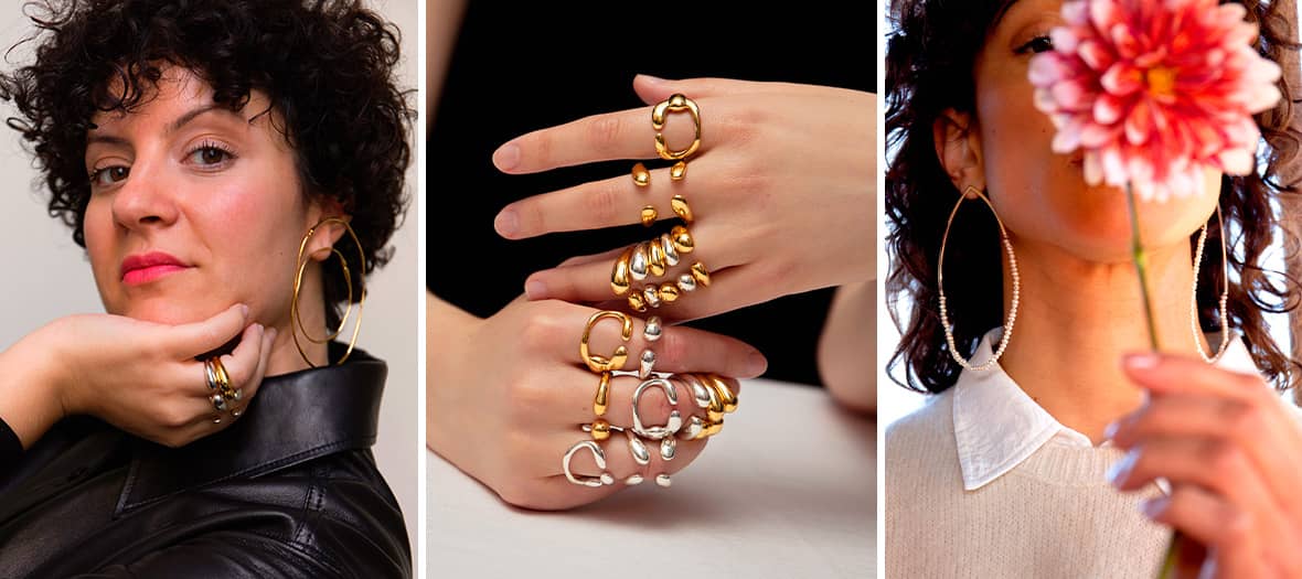 Créoles, bagues et bijoux sculpturaux signés Mara, Paris portés dans un univers mode arty et contemporain par Mara par Ayça Özbank Taskan, la créatrice de la marque.