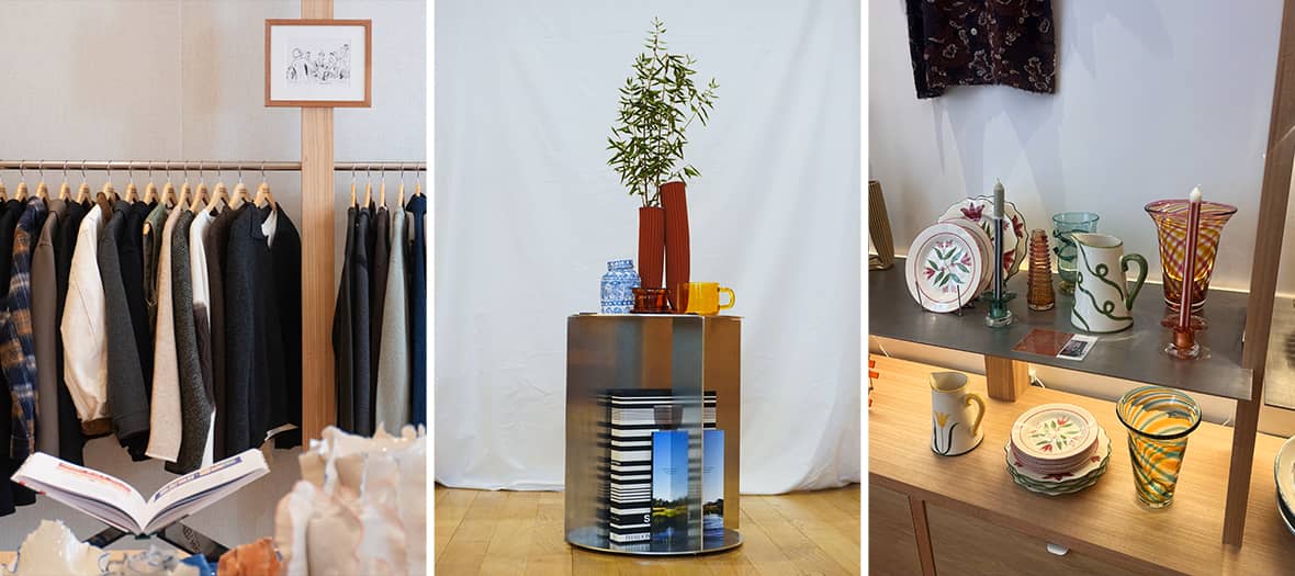 Sélection de vêtements, céramiques artisanales et objets de décoration exposés chez Makers Editions, concept store lifestyle du Marais à Paris mêlant mode contemporaine et artisanat.