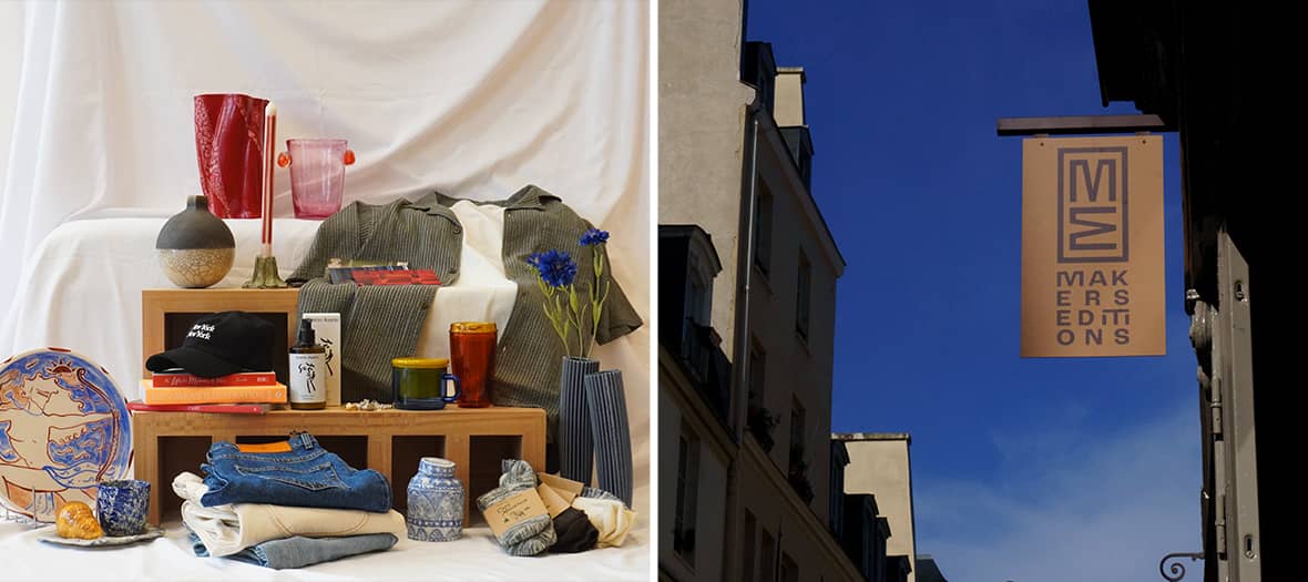 Composition d’objets déco, vêtements et accessoires sélectionnés chez Makers Editions à Paris, accompagnée de la devanture du concept store situé dans le quartier du Marais.