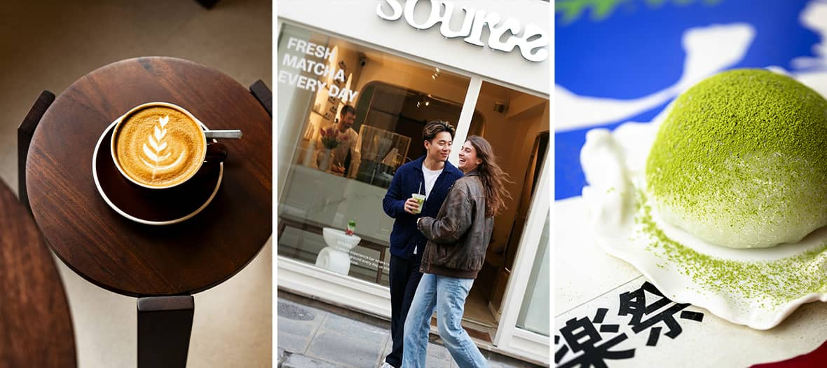 Intérieur chaleureux d’un coffee shop à Paris avec café latte et viennoiseries, verre de dalgona coffee et façade rouge du Latte Club.