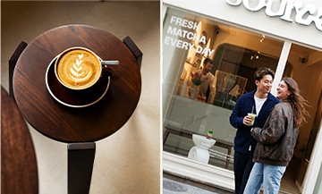 Intérieur chaleureux d’un coffee shop à Paris avec café latte et viennoiseries, verre de dalgona coffee et façade rouge du Latte Club.