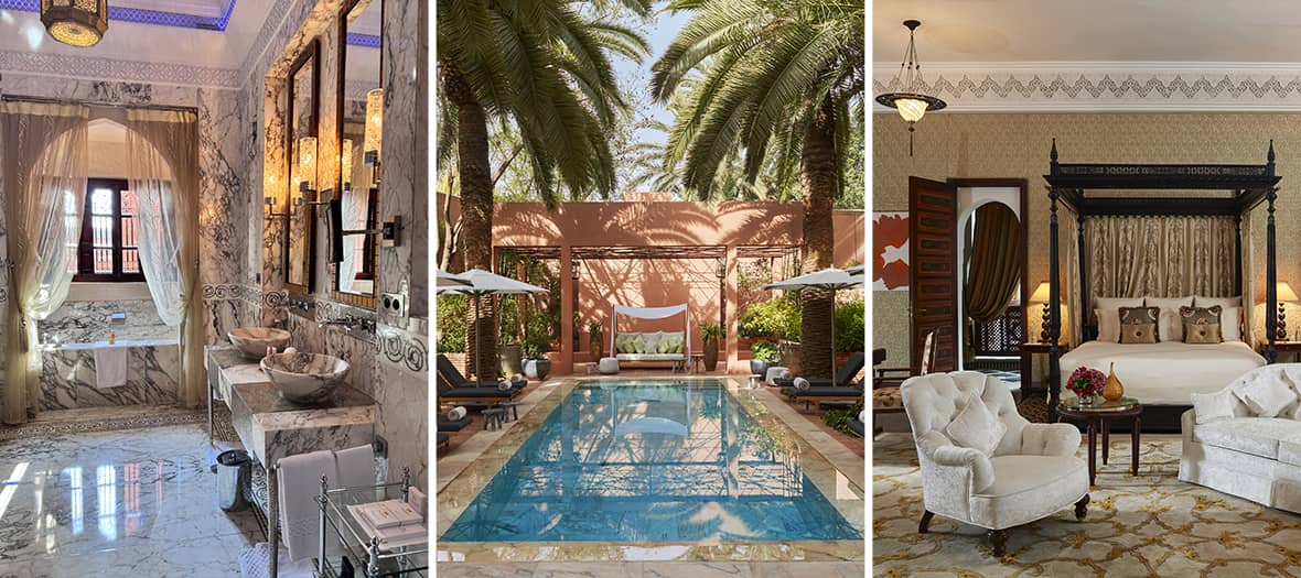 Suite élégante avec lit à baldaquin et salle de bain en marbre avec double vasque dans un riad du Royal Mansour Marrakech