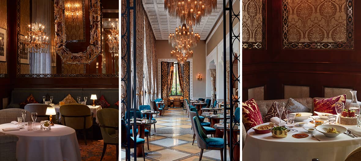 Salle de restaurant gastronomique au Royal Mansour Marrakech avec décoration raffinée et ambiance feutrée et Assortiment de plats marocains raffinés servis au Royal Mansour Marrakech, cuisine gastronomique locale.