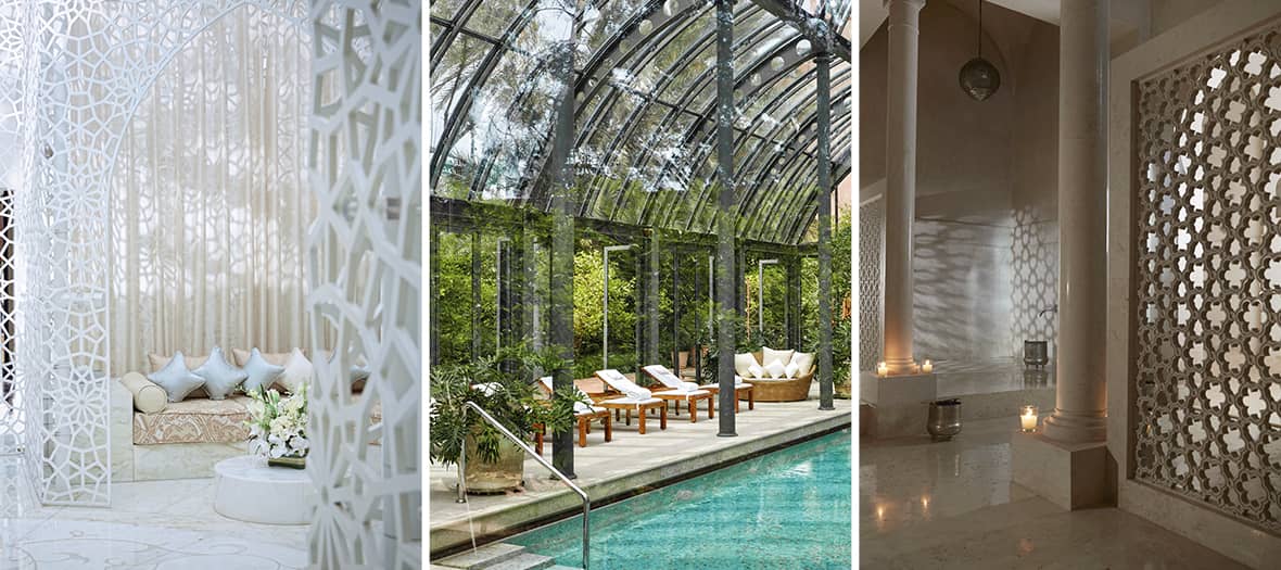 Espace spa lumineux avec moucharabiehs au Royal Mansour Marrakech, temple du bien-être marocain.