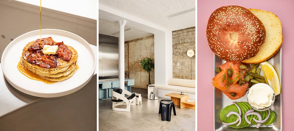 Pancakes au sirop avec bacon, int&eacute;rieur de restaurant moderne et assiette brunch bagel saumon avocat dans une adresse tendance du 11e arrondissement de Paris