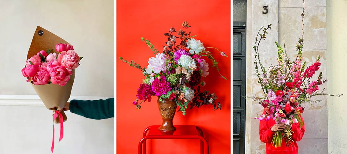 Bouquet de pivoines, composition florale artistique et cr&eacute;ation de fleurs color&eacute;es devant une boutique du 11e arrondissement de Paris
