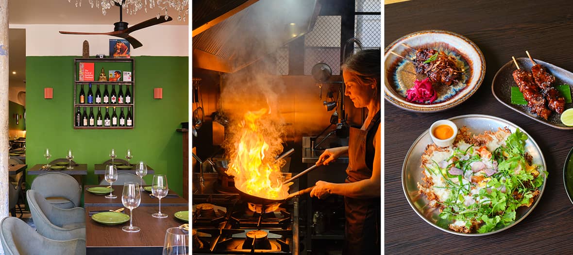 Salle de restaurant &eacute;l&eacute;gante, chef cuisinant au wok en flamme et plats asiatiques raffin&eacute;s dans une adresse gastronomique du 11e arrondissement