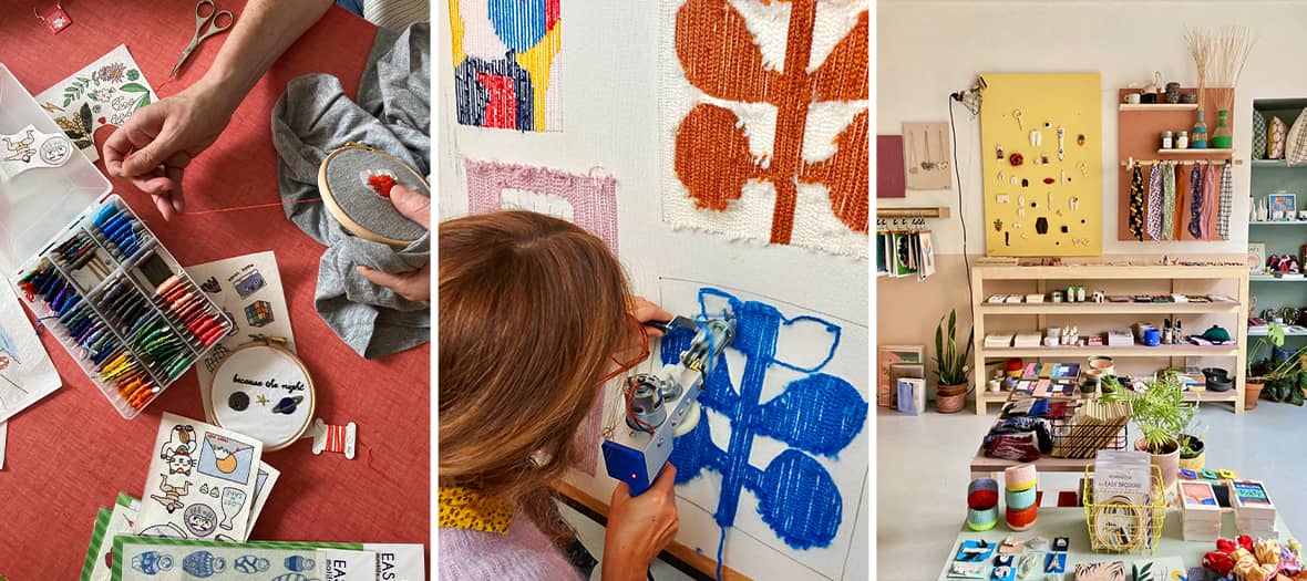 Atelier cr&eacute;atif avec broderie, artiste textile en travail et boutique d&rsquo;objets artisanaux dans un concept store du 11e arrondissement