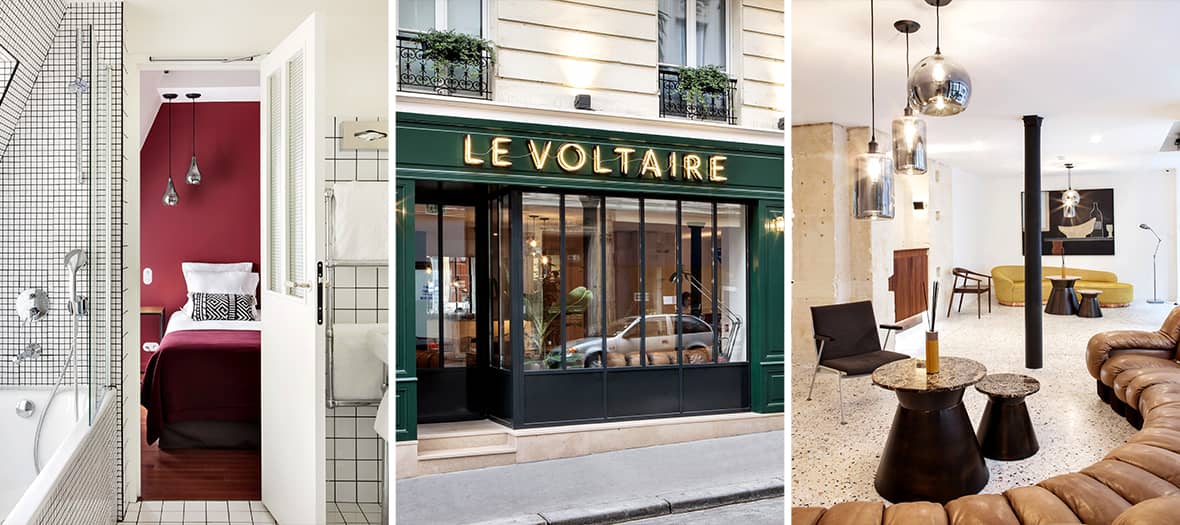 Chambre d&rsquo;h&ocirc;tel moderne avec salle de bain, fa&ccedil;ade Le Voltaire et salon design dans un h&ocirc;tel &eacute;l&eacute;gant du 11e arrondissement de Paris
