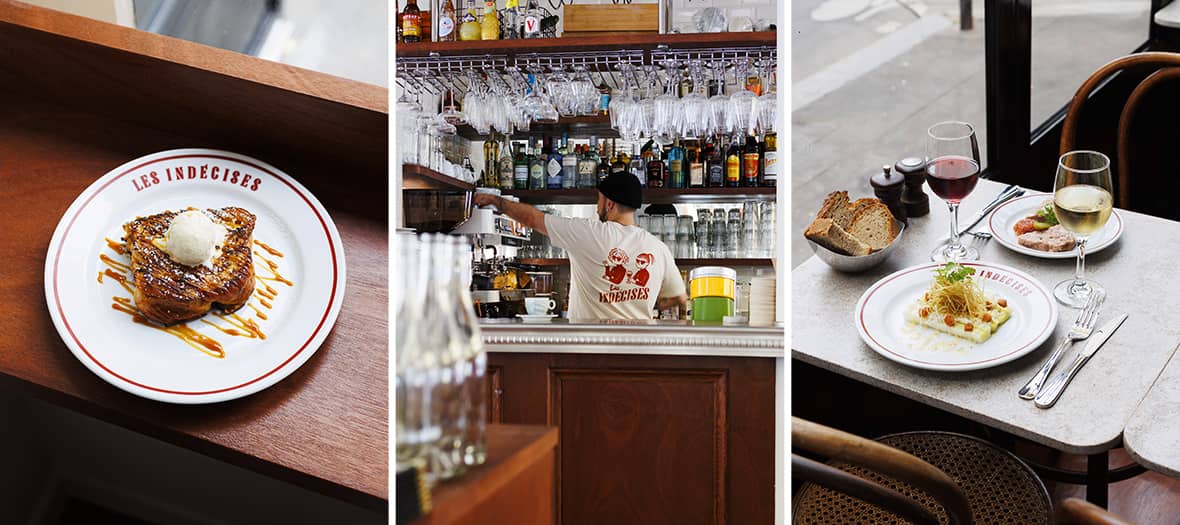 Dessert gourmand avec glace, barman au comptoir et table de restaurant avec plats et vin dans un bistrot chic du 11e arrondissement