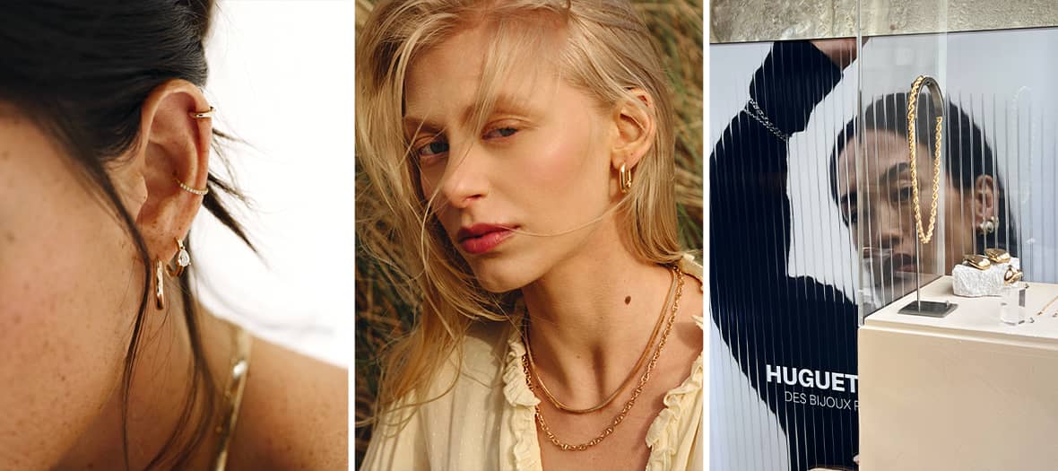 Boucles d&rsquo;oreilles port&eacute;es, portrait avec bijoux et vitrine de cr&eacute;ations joailli&egrave;res dans une boutique du 11e arrondissement