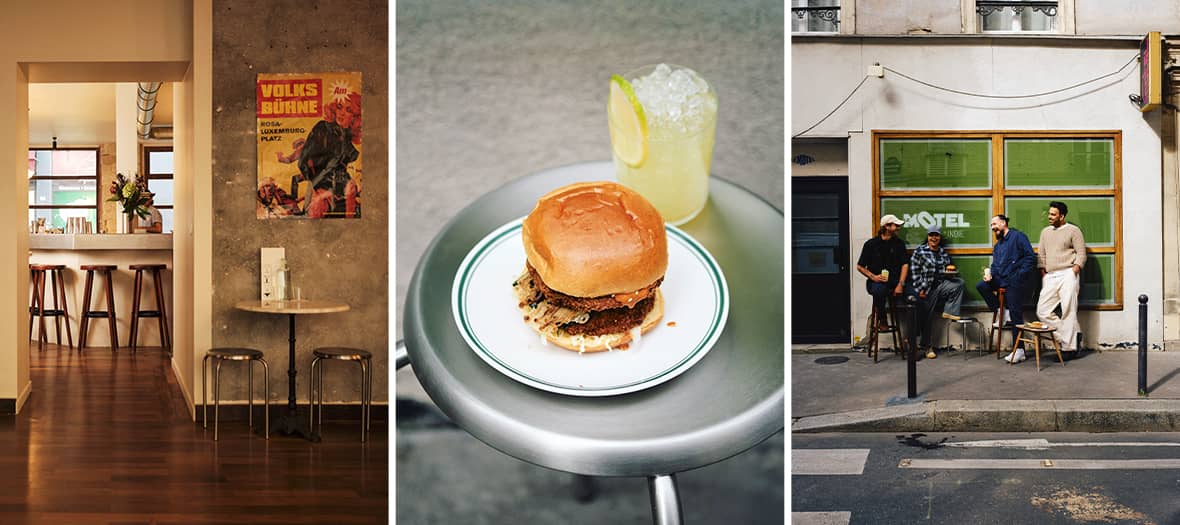 Int&eacute;rieur de bar chaleureux, burger avec cocktail et terrasse avec clients dans une adresse conviviale du 11e arrondissement de Paris