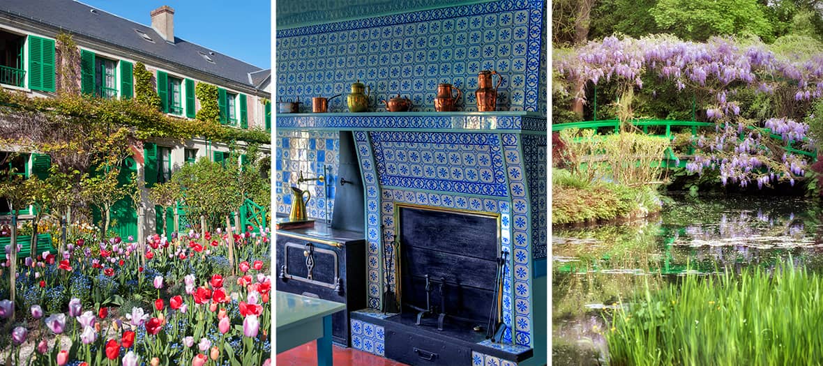 Maison et jardins de Claude Monet &agrave; Giverny avec cuisine bleue et pont japonais sur les nymph&eacute;as