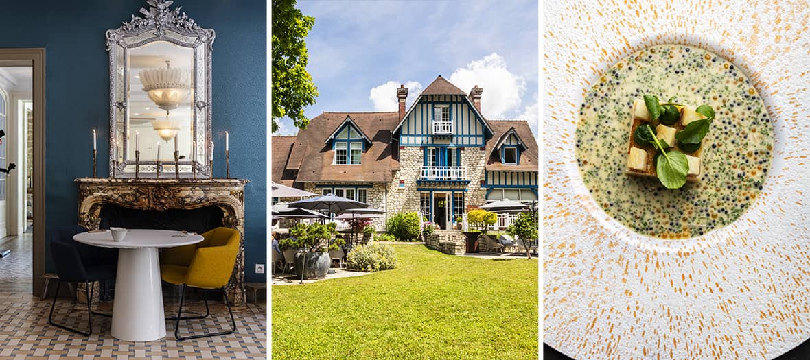 Restaurant Le Jardin des Plumes &agrave; Giverny avec salle &eacute;l&eacute;gante, ext&eacute;rieur et plat gastronomique
