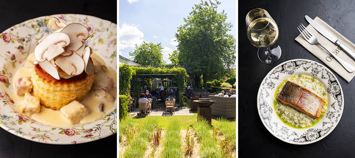 Restaurant &agrave; Giverny avec terrasse ensoleill&eacute;e et plats de cuisine fran&ccedil;aise dont poisson et sp&eacute;cialit&eacute;s